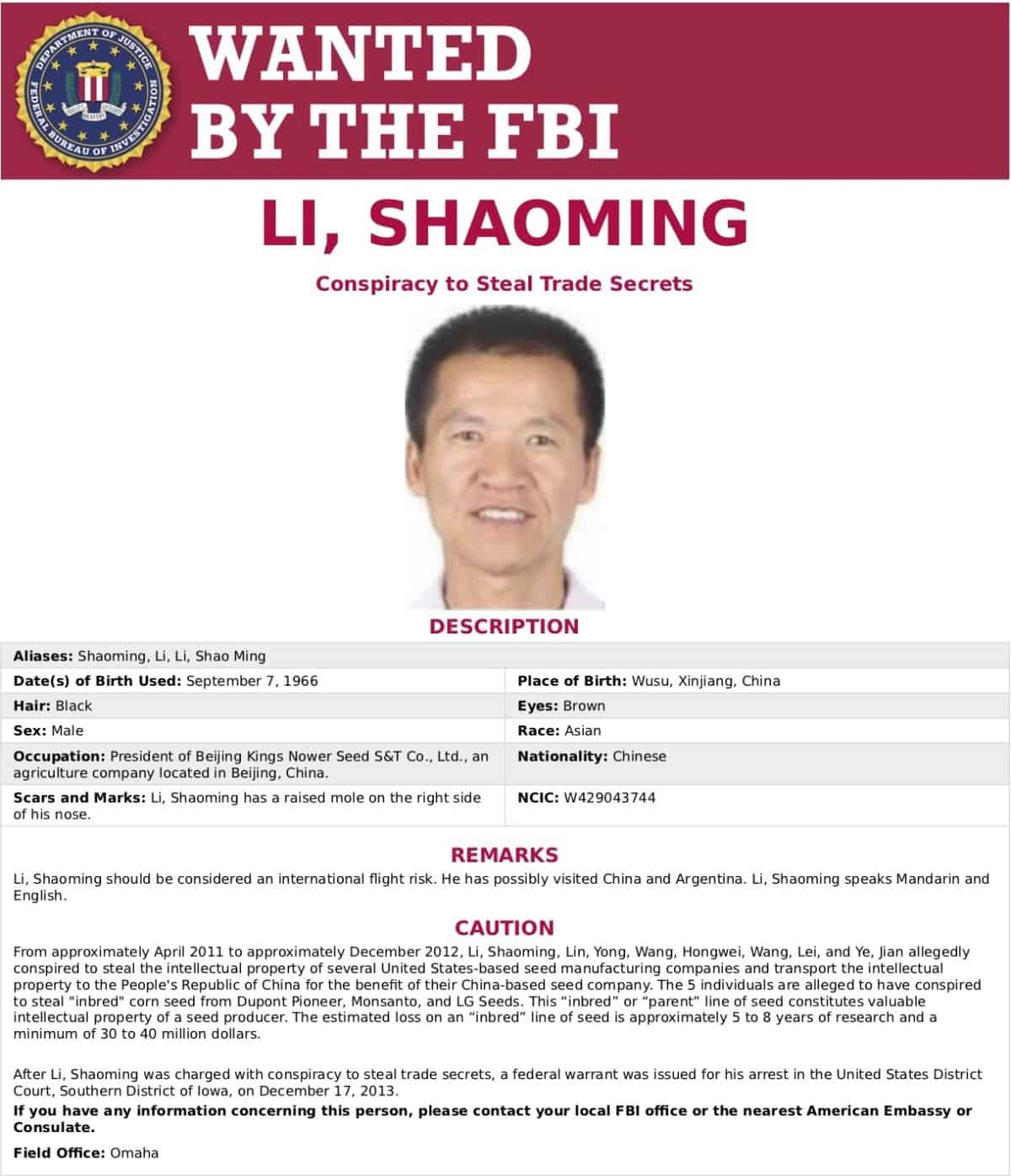 The FBI Wanted Poster for Li Shaoming, a DBN employee.