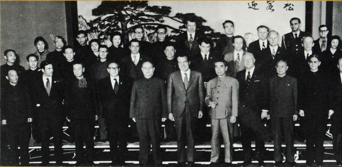 Freeman, above and between Nixon and Zhou Enlai, as an interpreter in Beijing, 1972. 