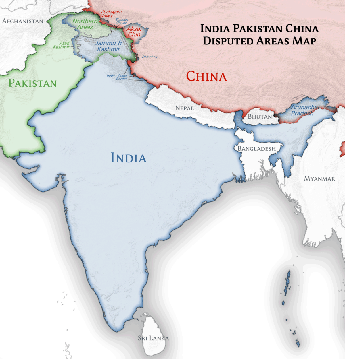 Map showing the borders of India, Pakistan and China as per official sources overlaid on areas of actual administrative control.