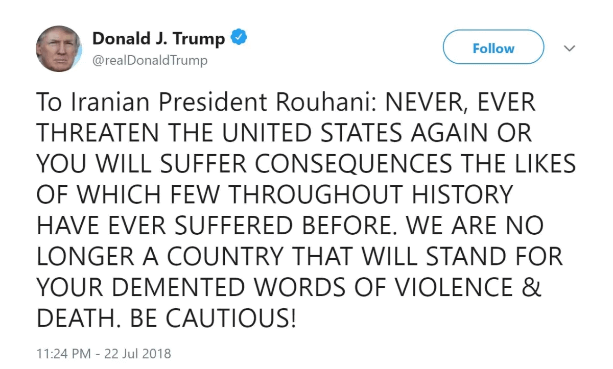 A tweet from Donald Trump directed to Hassan Rouhani.